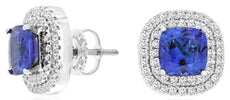 2.70CT DIAMOND & AAA TANZANITE 14KT WHITE GOLD 3D CUSHION & ROUND HALO EARRINGS