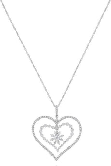 1.51CT DIAMOND 14KT WHITE GOLD 3D DOUBLE HEART SNOWFLAKE LOVE FLOATING PENDANT