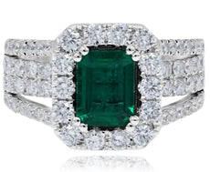 LARGE 3.64CT DIAMOND & AAA EMERALD 18K WHITE GOLD 3D SQUARE & ROUND CLASSIC RING
