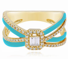 .27CT DIAMOND & TURQUOISE ENAMEL 14KT YELLOW GOLD 3D ROUND & BAGUETTE LOVE RING