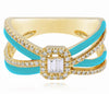 .27CT DIAMOND & TURQUOISE ENAMEL 14KT YELLOW GOLD 3D ROUND & BAGUETTE LOVE RING