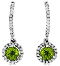 1.09CT DIAMOND & AAA PERIDOT 14K WHITE GOLD CLASSIC HALO ROUND HANGING EARRINGS