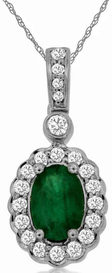 .95CT DIAMOND & AAA EMERALD 14KT WHITE GOLD OVAL & ROUND FLOWER FLOATING PENDANT