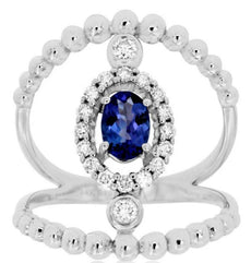 WIDE .81CT DIAMOND & AAA TANZANITE 14KT WHITE GOLD OVAL & ROUND FLOWER FUN RING