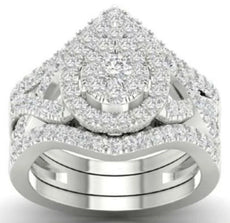 1.75CT DIAMOND 14K WHITE GOLD ROUND PEAR SHAPE HALO CLUSTER ANNIVERSARY RING SET