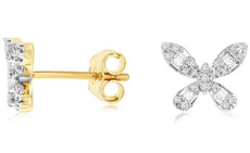.16CT DIAMOND 14KT YELLOW GOLD 3D ROUND & BAGUETTE BUTTERFLY LOVE STUD EARRINGS