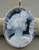 LARGE ESTATE 14KT YELLOW GOLD BLUE AGATE GIRL CAMEO FILIGREE PIN PENDANT #20769