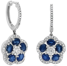 3.30CT DIAMOND & AAA SAPPHIRE 14K WHITE GOLD OVAL & ROUND FLOWER HUGGIE EARRINGS