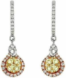 ESTATE .98CT WHITE FANCY YELLOW & PINK DIAMOND 14KT WHITE GOLD ROUND EARRINGS