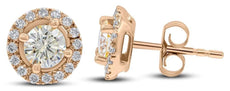 ESTATE 1.07CT DIAMOND 14KT ROSE GOLD 3D CLASSIC ROUND HALO FLOWER STUD EARRINGS