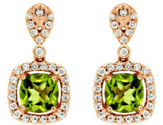 2.62CT DIAMOND & AAA PERIDOT 14KT ROSE GOLD 3D CUSHION & ROUND HANGING EARRINGS