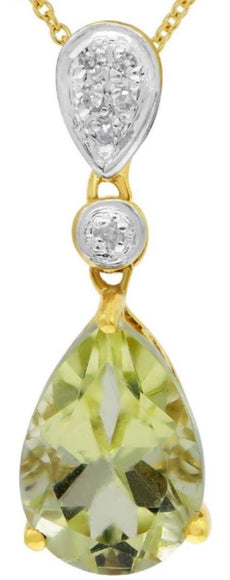 1.87CT DIAMOND & AAA LEMON QUARTZ 14KT YELLOW GOLD 3D PEAR SHAPE & ROUND PENDANT