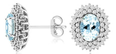 ESTATE 1.85CT DIAMOND & AAA AQUAMARINE 14K WHITE GOLD OVAL & ROUND STUD EARRINGS