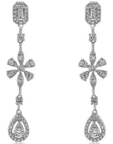 .88CT DIAMOND 14KT WHITE GOLD BAGUETTE CLUSTER FLOWER TEAR DROP HANGING EARRINGS