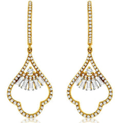 .73CT DIAMOND 14K YELLOW GOLD ROUND & BAGUETTE FLOWER TEAR DROP HANGING EARRINGS