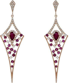 1.29CT DIAMOND & AAA RUBY 14KT ROSE GOLD 3D ROUND & PEAR SHAPE HANGING EARRINGS