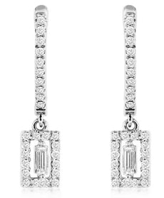.36CT DIAMOND 14KT WHITE GOLD ROUND & BAGUETTE SQUARE CLASSIC HANGING EARRINGS