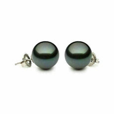 ESTATE AAA 8MM TAHITIAN PEARL 14KT WHITE GOLD 3D CLASSIC SOLITAIRE STUD EARRINGS
