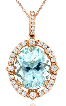 4.38CT DIAMOND & AAA AQUAMARINE 14KT ROSE GOLD 3D OVAL & ROUND FLOATING PENDANT