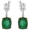 25.05CT DIAMOND & AAA EMERALD 18KT 2 TONE GOLD CUSHION & ROUND HANGING EARRINGS