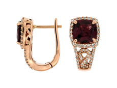 3.65CT DIAMOND & RHODOLITE 14KT ROSE GOLD 3D CUSHION & ROUND FILIGREE EARRINGS