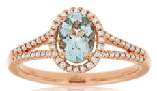 .88CT DIAMOND & AAA AQUAMARINE 14KT ROSE GOLD OVAL & ROUND HALO FRIENDSHIP RING