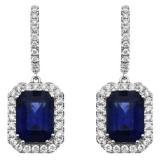 9.72CT DIAMOND & AAA SAPPHIRE 18KT WHITE GOLD EMERALD CUT & ROUND HALO EARRINGS