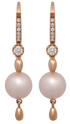 ESTATE .22CT DIAMOND & AAA PINK SOUTH SEA PEARL 18K ROSE GOLD LEVERBACK EARRINGS