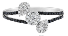 WIDE .37CT WHITE & BLACK DIAMOND 14KT WHITE GOLD 3D DOUBLE LEAF FLOWER FUN RING