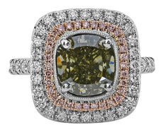CERTIFIED LARGE 4CT WHITE PINK & GREEN DIAMOND 18KT WHITE & ROSE GOLD HALO RING
