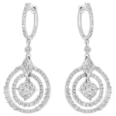 2.05CT DIAMOND 18KT WHITE GOLD 3D FLOWER DOUBLE CIRCULAR HUGGIE HANGING EARRINGS