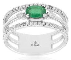 .78CT DIAMOND & AAA EMERLAD 14K WHITE GOLD OVAL & ROUND 3 STONE ANNIVERSARY RING