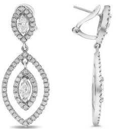 2.45CT DIAMOND 14KT WHITE GOLD 3D ROUND & MARQUISE LEAF CLIP ON HANGING EARRINGS
