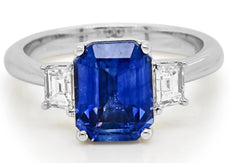 3.11CT DIAMOND & AAA SAPPHIRE 18K WHITE GOLD EMERALD CUT & BAGUETTE 3 STONE RING