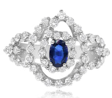 1.59CT DIAMOND & AAA SAPPHIRE 18KT WHITE GOLD 3D OVAL & ROUND DOUBLE HEART RING