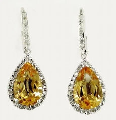 LARGE 5.92CT DIAMOND & AAA CITRINE 14K WHITE GOLD 3D PEAR SHAPE & ROUND EARRINGS