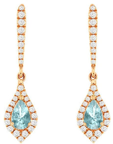 0.52CT DIAMOND & AAA AQUAMARINE 14K ROSE GOLD PEAR SHAPE & ROUND HANGING EARRINGS