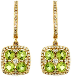 1.93CT DIAMOND & AAA PERIDOT 14KT YELLOW GOLD ROUND FLOWER HALO HANGING EARRINGS