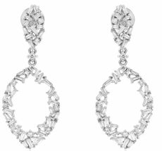.59CT DIAMOND 14K WHITE GOLD ROUND & BAGUETTE CLUSTER TEAR DROP HANGING EARRINGS