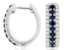.82CT DIAMOND & AAA SAPPHIRE 14KT WHITE GOLD ROUND OVAL HUGGIE HANGING EARRINGS