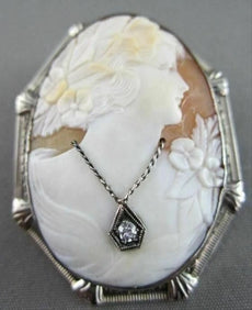 ANTIQUE LARGE .05CT DIAMOND FILIGREE LADY CAMEO 14K WHITE BROOCH & PENDANT #2096