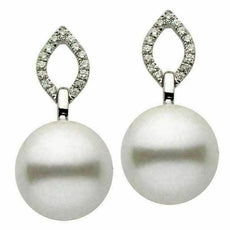 ESTATE .17CT DIAMOND & AAA SOUTH SEA PEARL 14K WHITE GOLD MARQUISE LEAF EARRINGS