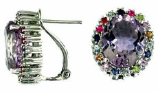 9.80CT AAA MULTI GEM & AMETHYST 14KT WHITE GOLD 3D OVAL HALO CLIP ON EARRINGS
