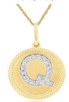 .10CT DIAMOND 14K 2 TONE GOLD Q INITIAL ROUND MATTE & SHINY FUN FLOATING PENDANT