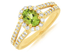 1.50CT DIAMOND & AAA PERIDOT 14KT YELLOW GOLD OVAL & ROUND FLOWER HALO LOVE RING