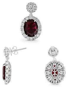 9.07CT DIAMOND & AAA RUBY PLATINUM OVAL & ROUND FLORAL FILIGREE HANGING EARRINGS