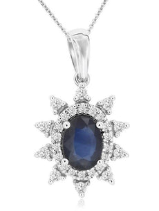 1.25CT DIAMOND & AAA SAPPHIRE 14KT WHITE GOLD OVAL & ROUND FILIGREE FUN PENDANT
