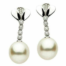 ESTATE .24CT DIAMOND & AAA SOUTH SEA PEARL 14K WHITE GOLD JOURNEY LEAF EARRINGS
