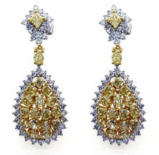 LARGE 8.3CT WHITE & FANCY YELLOW DIAMOND 18K 2 TONE GOLD FLORAL HANGING EARRINGS