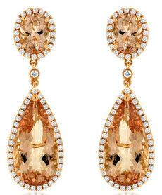 LARGE 13.35CT DIAMOND & AAA MORGANITE 14KT ROSE GOLD PEAR SHAPE & ROUND EARRINGS